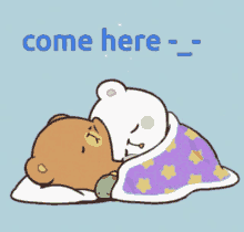 two teddy bears laying under a blanket with the words come here written below them