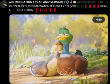 a cartoon of a duck holding a mushroom with the words migration 1 year anniversary