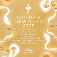 a poster that says happy lunar new year 2025 with a snake