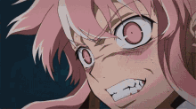 a close up of a girl with pink hair and red eyes making a funny face