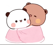 two cartoon bears wrapped in a pink blanket hugging each other