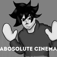 a black and white drawing of a person with the words " absolute cinema " on the bottom