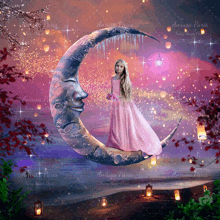 a girl in a pink dress is sitting on a crescent moon by anrusa paris