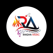 a logo for raigha music with a flaming letter a and a dove