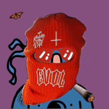 a drawing of a person wearing a red balaclava that says boom