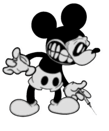 mickey mouse is holding a syringe in his right hand