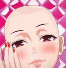 a close up of a woman 's face with a bald head and red nails on a pink background .