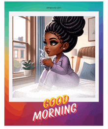 a cartoon of a woman sitting on a bed holding a cup of coffee and the words good morning