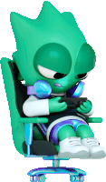 a green cartoon character is sitting in a chair playing a game