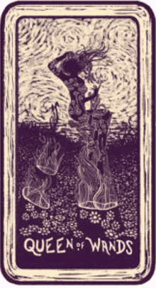 a tarot card that says queen of wands with a woman holding a wand .