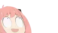 a cartoon character with pink hair and white eyes looks surprised