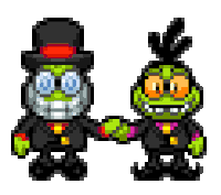 two pixel art characters are holding hands and one has a top hat