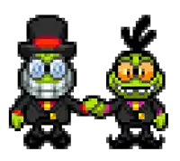 two pixel art characters are holding hands and one has a top hat