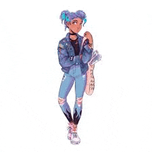 a girl with purple hair is holding a skateboard and wearing a blue jacket .