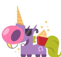 a purple unicorn with a pink horn and a bucket of popcorn