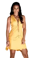 a woman in a yellow dress is smiling and looking at the camera