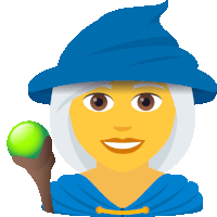 an emoji of a witch with a blue hat and a green ball