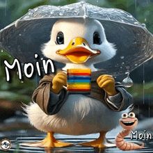 a picture of a duck holding a cup and an umbrella with the word moin on the bottom