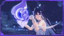 a girl with long black hair is holding a purple object