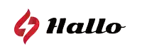 a logo for hallo has a red flame on it