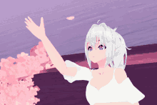 a girl with white hair and purple eyes is reaching out towards a flower