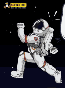 an illustration of an astronaut with the words science bee learn like never before below him