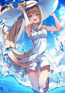 a girl wearing a white dress and a hat is standing in the water