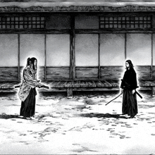 a black and white drawing of two samurai standing in front of a building