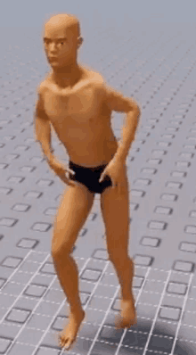 a man in underwear is walking on a tiled floor