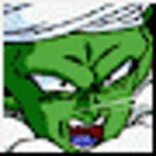 a pixel art drawing of a green monster with a very angry look on his face .