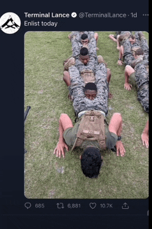 a tweet from terminal lance shows a group of soldiers doing push ups