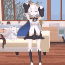 a 3d anime girl is dancing in a living room with a cat .