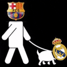 a stick figure is walking a dog on a leash with a fcb logo on his head .