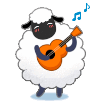 a cartoon sheep is playing an orange guitar and singing