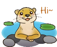 a cartoon otter is sitting on a rock in the water and says hi ~