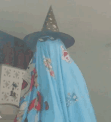 a person wearing a witch hat and sunglasses is covered in a blue blanket