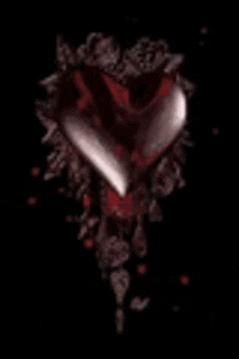 a bloody heart with roses around it on a black background