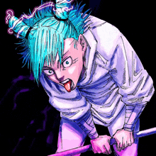 a drawing of a person with blue hair holding a stick