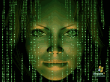 a woman 's face is surrounded by green matrix code and the words windows xp matrix reloaded