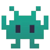 a pixel art illustration of a green alien with a black face on a white background .