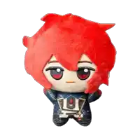 a stuffed toy with red hair and a blue jacket