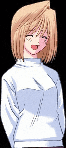 a cartoon girl with blonde hair and a white sweater is smiling .