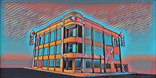 a cartoon drawing of a building with the word jeep on the side