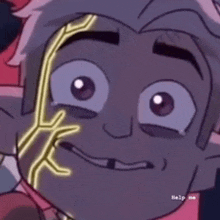 a close up of a cartoon character 's face with a glowing hand on it