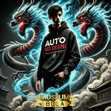 a man wearing a hoodie that says auto wd disini stands in front of two dragons