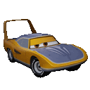 a yellow and purple toy car from the movie cars with a white background .