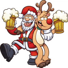 a cartoon of santa claus and reindeer holding beer mugs