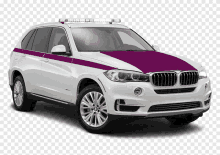 a white bmw suv with a purple stripe on the side