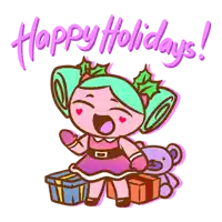 a cartoon of a girl with gifts and the words happy holidays on the bottom