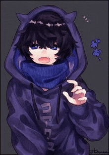 a black haired anime boy wearing a blue hoodie and a scarf .